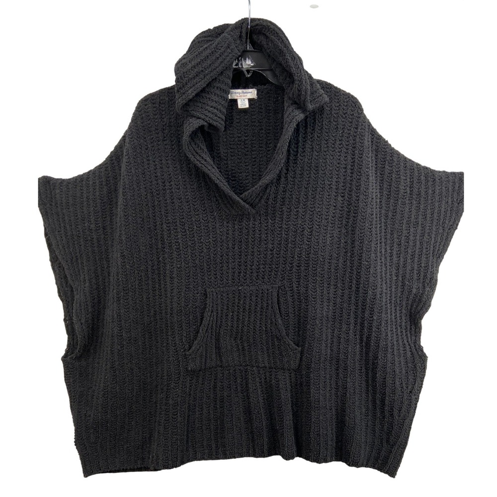 Tommy Bahama Island Poncho Sz S/M‎ Soft Black Hooded Sweater Chunky Knit Pocket